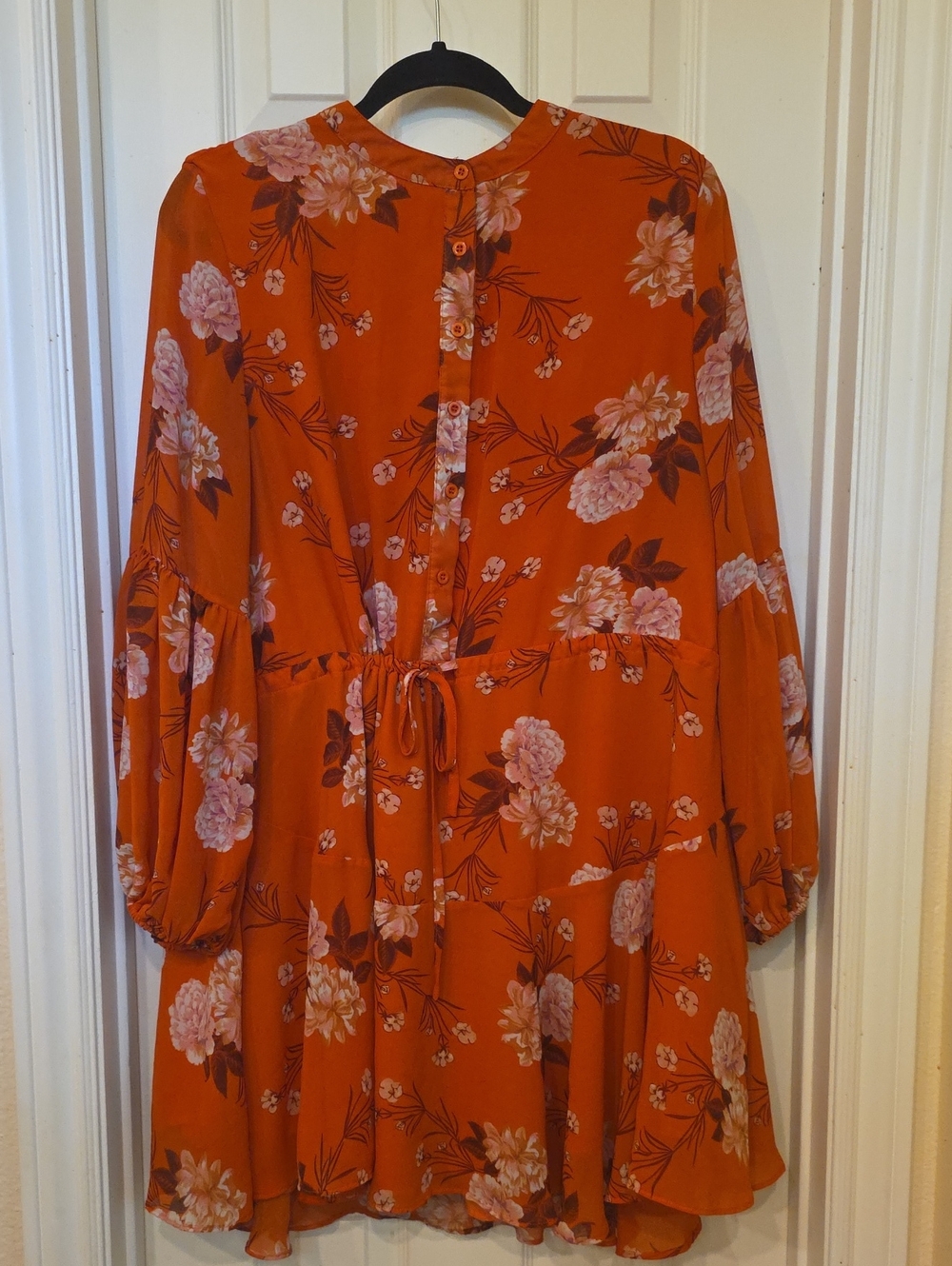 Long-Sleeve Floral Button-Back Dress in Orange